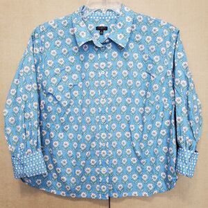 Talbots Plus Cotton Floral Print Flip Cuff Button-Up Shirt Size X
